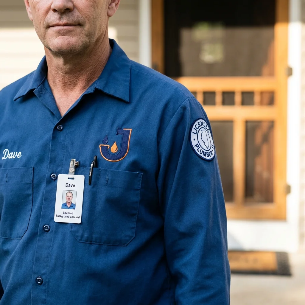 Licensed plumber showing ID badge in Portland, MI