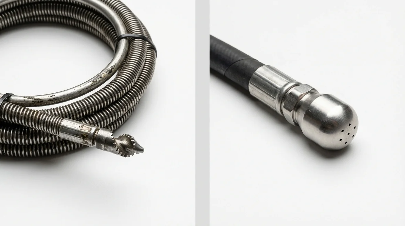 Drain snake cable and hydro jetting nozzle used for drain cleaning in Portland, MI