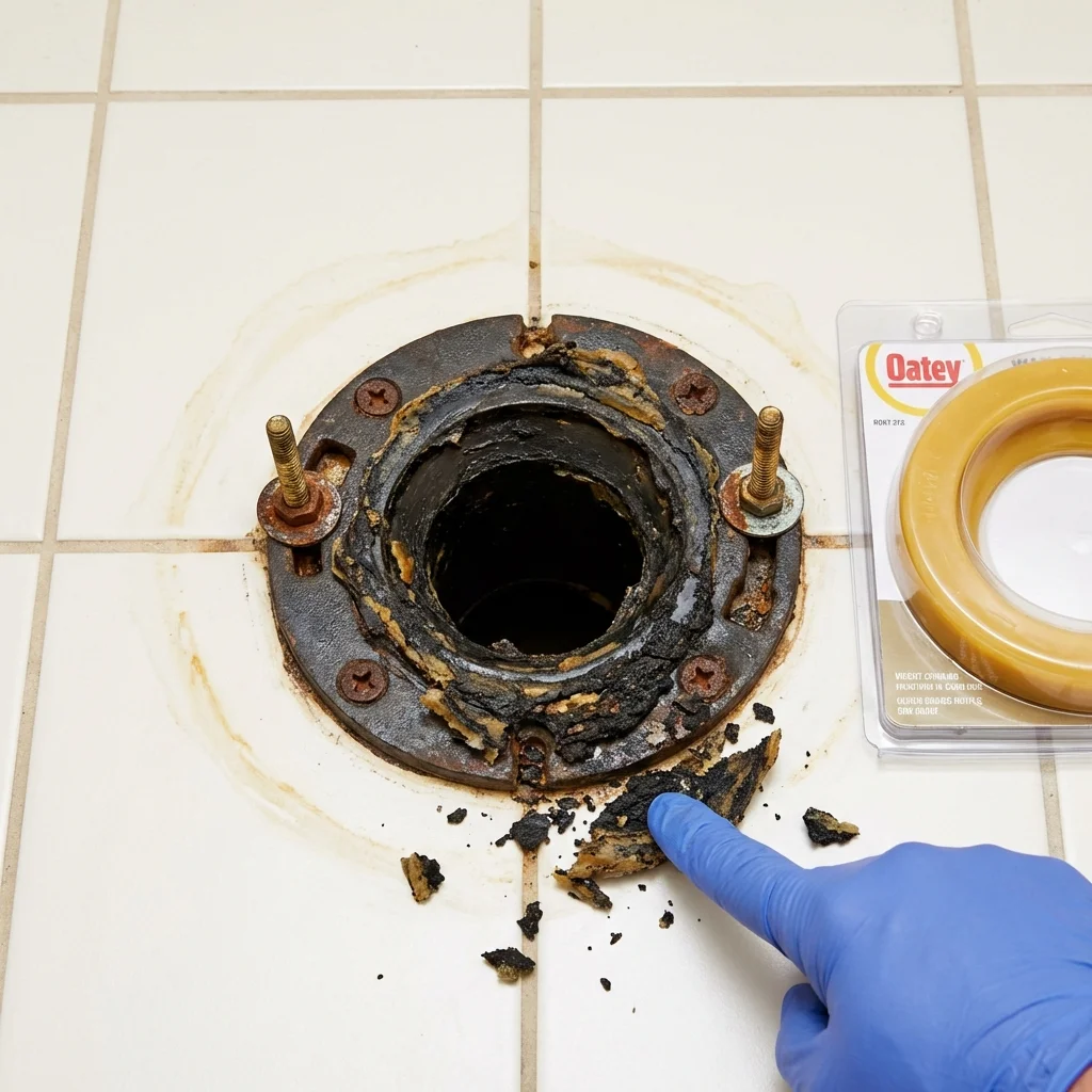 Failed wax ring showing water seepage at the base of a toilet in a Portland, MI home