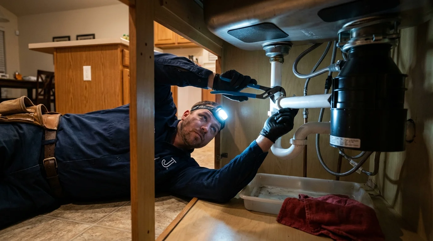 P-trap and supply line connections under a kitchen sink showing a common leak point in Portland, MI